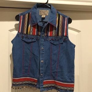 Boho Denim Blue Jean Vest Beaded Aztec